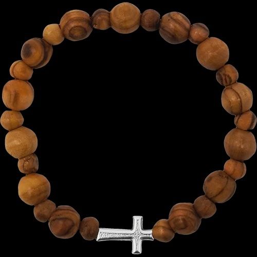 Olive Wood Stretch Bracelet, Beads and Inlet Cross