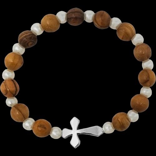 Olive Wood Stretch Bracelet, White Beads and Inlet Cross