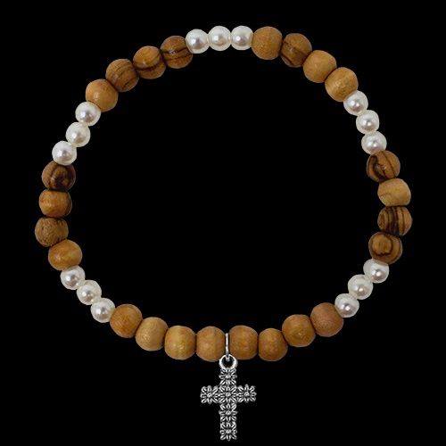 Olive Wood Stretch Bracelet, White and Cross Dangle