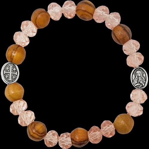 Olive Wood Stretch Bracelet, Pink Beads and Jerusalem Cross, Virgin Mary