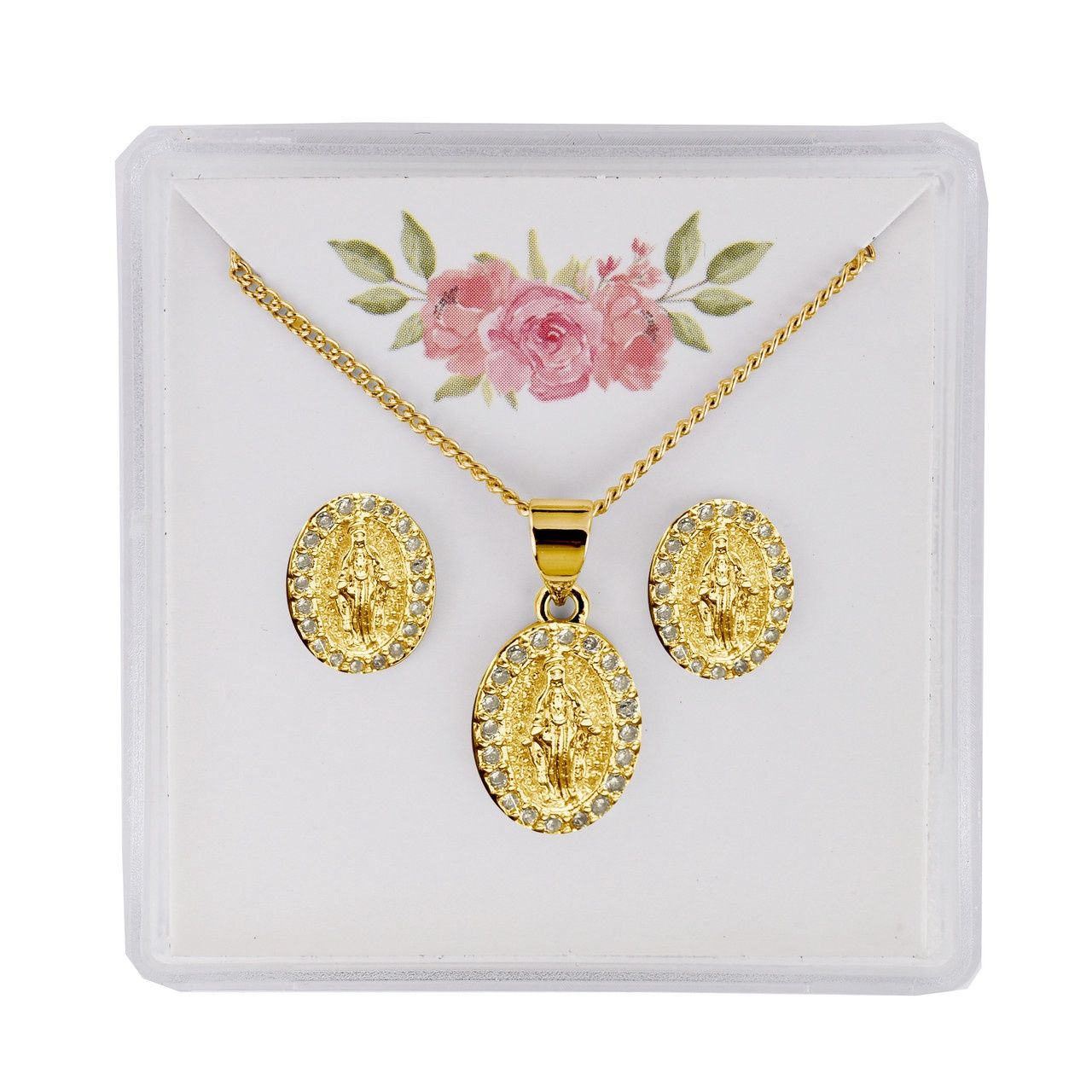GOLD TONE CRYSTAL MIRACULOUS EARRING AND PENDANT