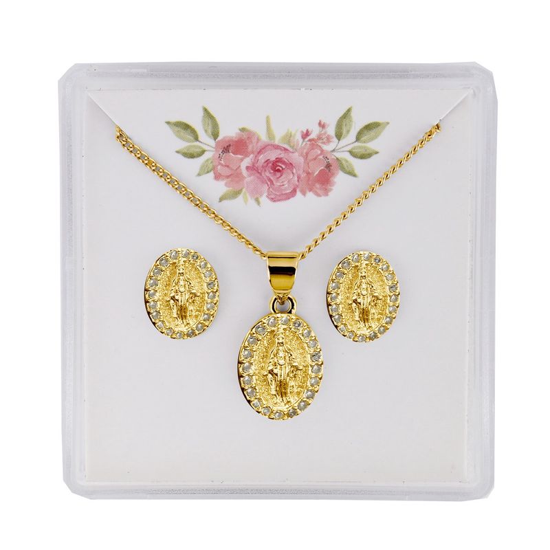GOLD TONE CRYSTAL MIRACULOUS EARRING AND PENDANT