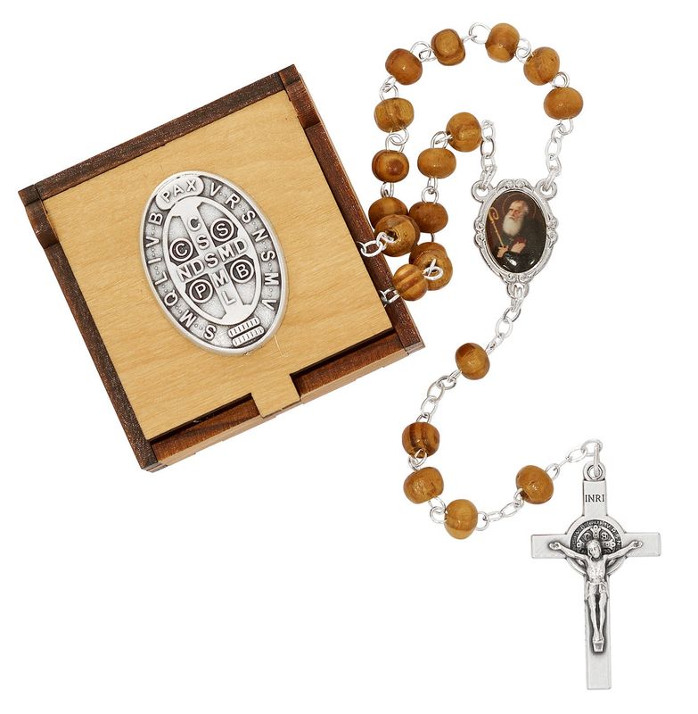 ST. BENEDICT WOOD BOX WITH OLIVE WOOD ST. BENEDICT ROSARY
