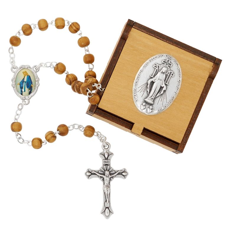 MIRACULOUS WOOD BOX WITH OLIVE WOOD MIRACULOUS ROSARY