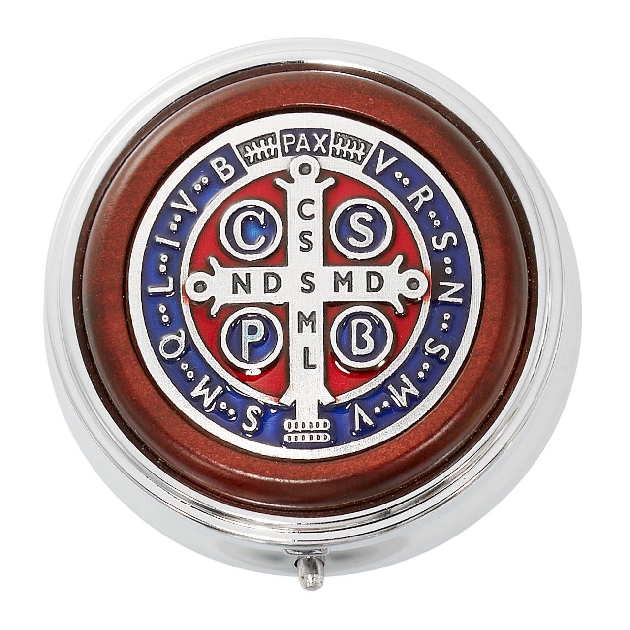 SILVER BOX WITH RED &amp; BLUE ENAMELED ST. BENEDICT MEDAL INSERTED