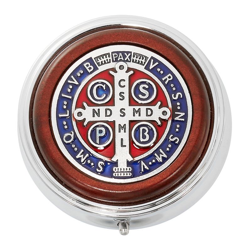 SILVER BOX WITH RED &amp; BLUE ENAMELED ST. BENEDICT MEDAL INSERTED