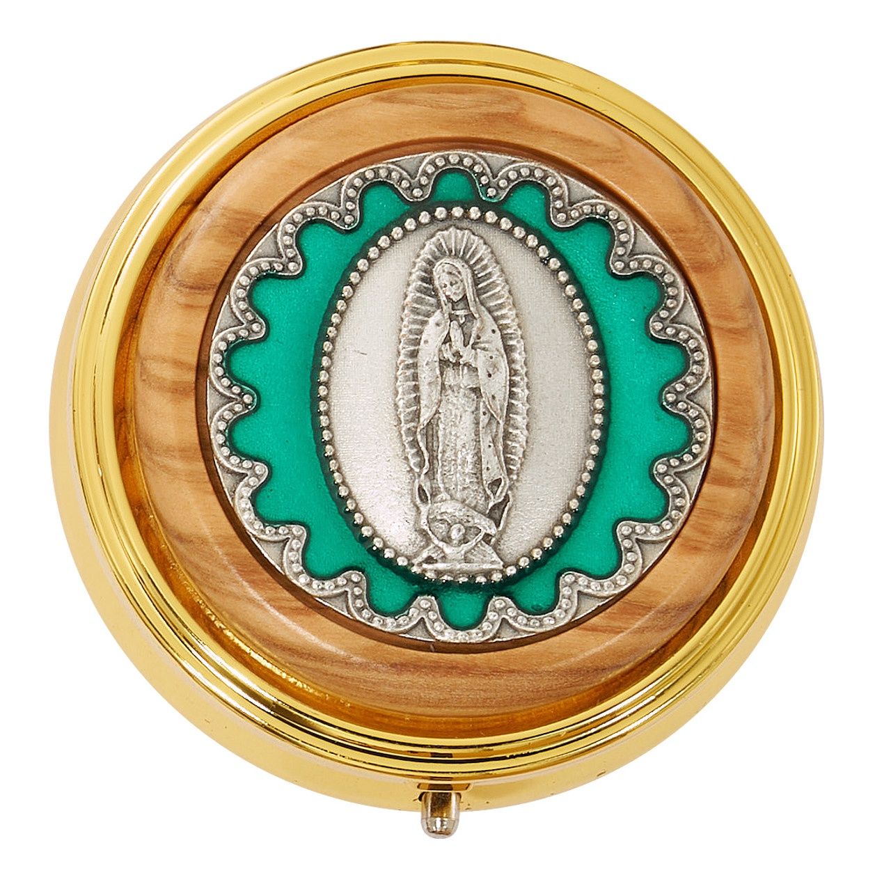 GOLD BOX WITH GREEN ENAMELED GUADALUPE MEDAL