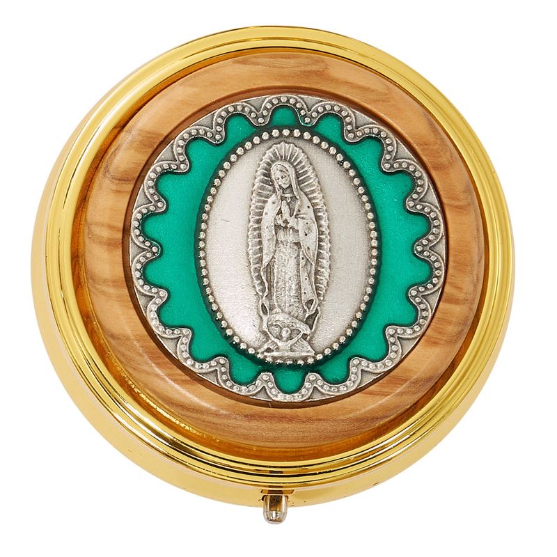 GOLD BOX WITH GREEN ENAMELED GUADALUPE MEDAL