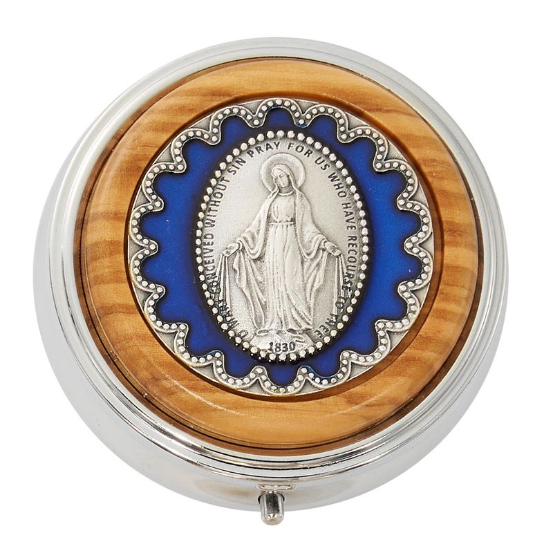 SILVER BOX WITH BLUE ENAMELED MIRACULOUS MEDAL MEDAL