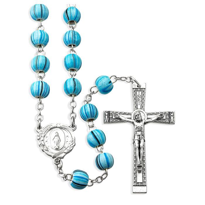 8mm Round Aqua Grained Wood Bead Rosary, Boxed