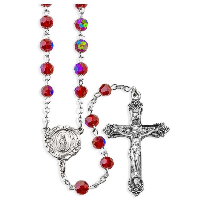 Ruby Aurora Borealis Bead Rosary, Boxed