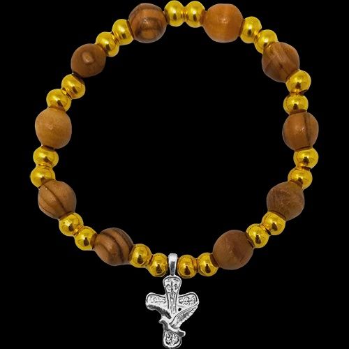 Olive Wood Stretch Bracelet, Gold Beads and Cross/Dove Dangle