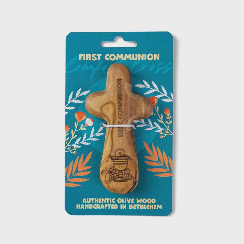 Laser Engraved Olive Wood Comfort Cross, First Communion