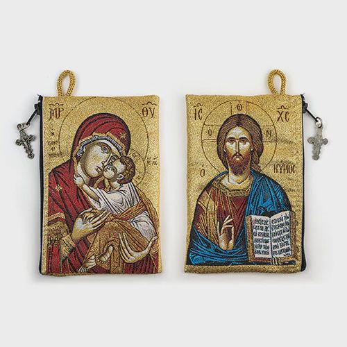 Woven Tapestry Rosary Pouch, Jewelry &amp; Coin Purse - Virgin Mary Sweet Kiss &amp; Jesus King of the Universe