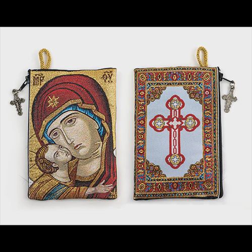 Woven Tapestry Rosary Pouch, Jewelry &amp; Coin Purse - Virgin Mary and Baby Jesus &amp; Antiochian Cross