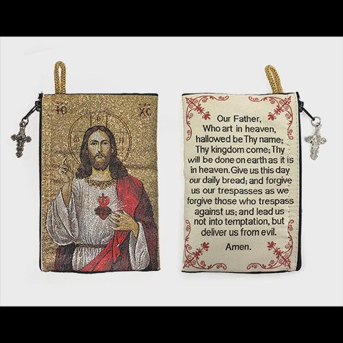 Woven Tapestry Rosary Pouch, Jewelry &amp; Coin Purse - Sacred Heart of Jesus &amp; The Lord&#39;s Prayer