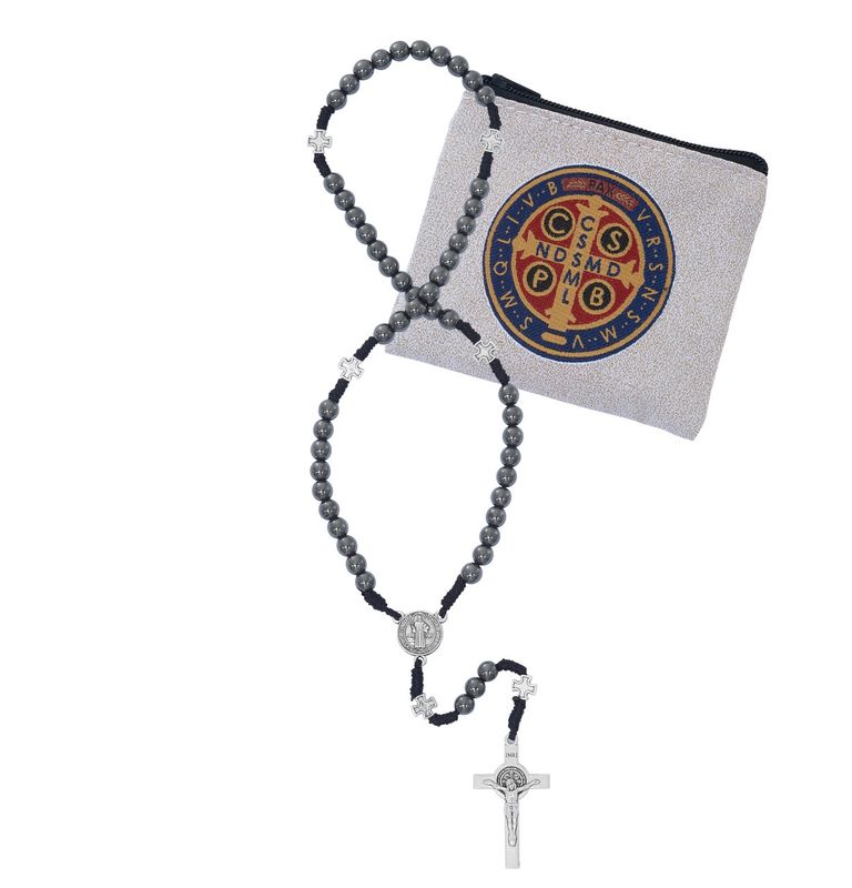 6MM HEMATITE CORDED ST. BENEDICT w/POUCH (P580RP)