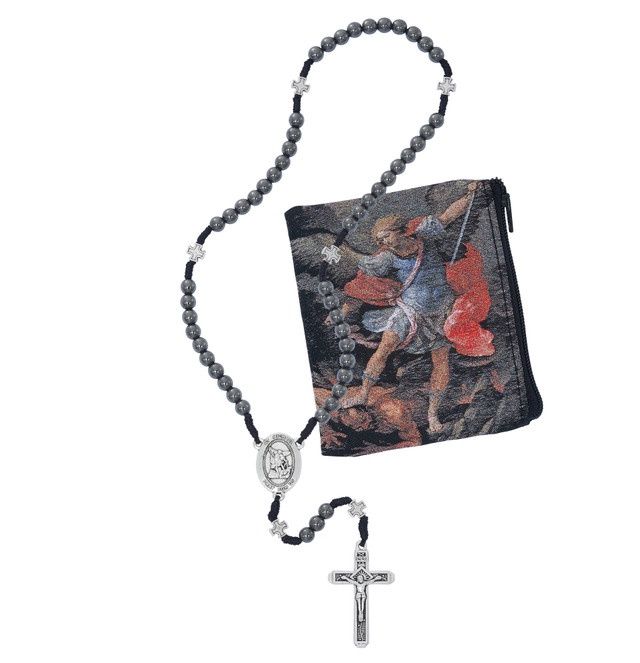 6MM HEMATITE CORDED ST MICHAEL w/POUCH Boxed (P581PB)