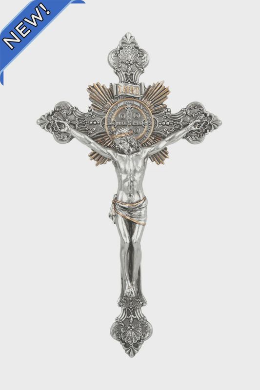 St. Benedict Crucifix in pewter style finish with gold trim