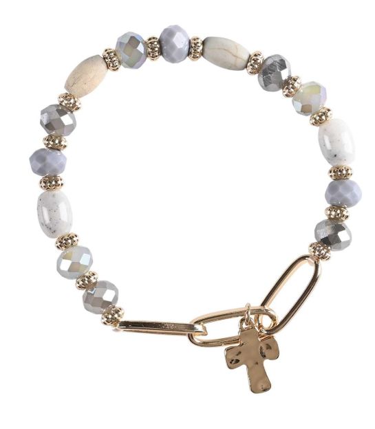 Bracelet Gray Multi Bead With Cross