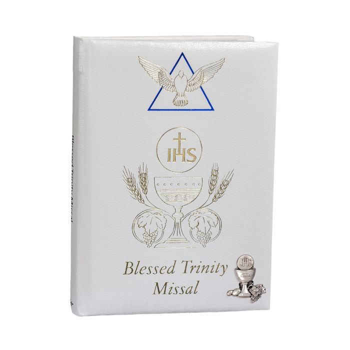 White Skivertex Blessed Trinity Missal with Silver Finish Chalice Symbol