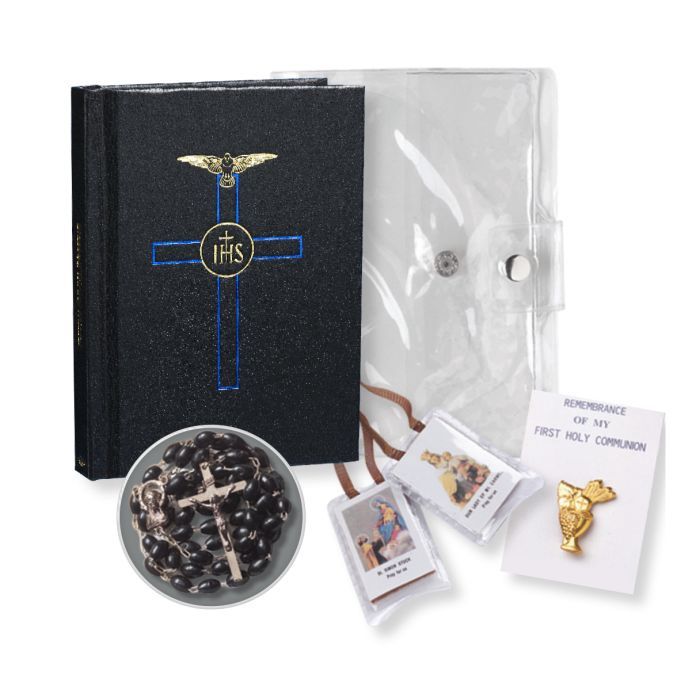 5pc. Boys Black Blessed Trinity Missal with New Mass Gold and Blue Stamped Cover