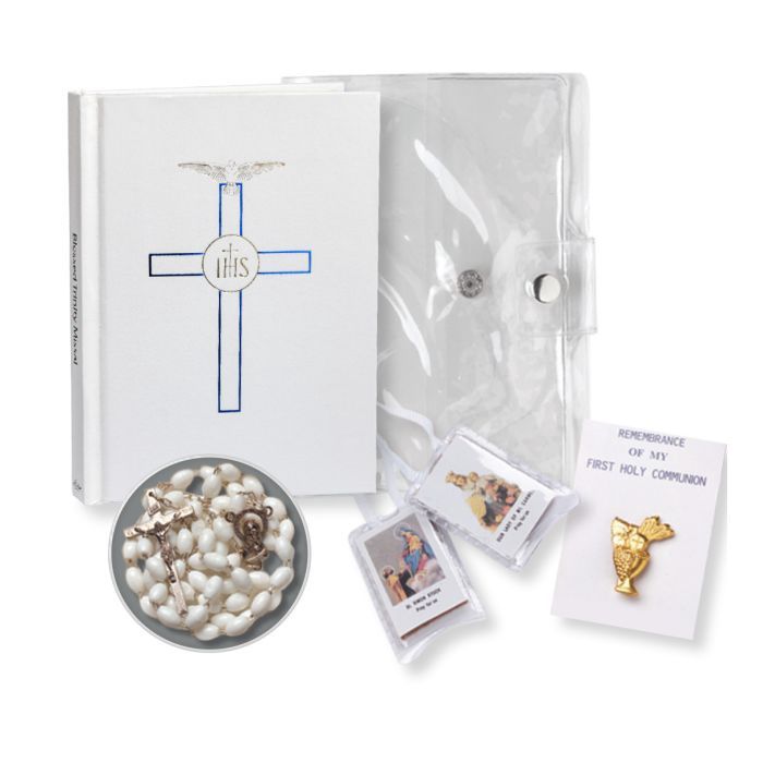 5pc. Girls White Blessed Trinity Missal with New Mass Gold and Blue Stamped Cover