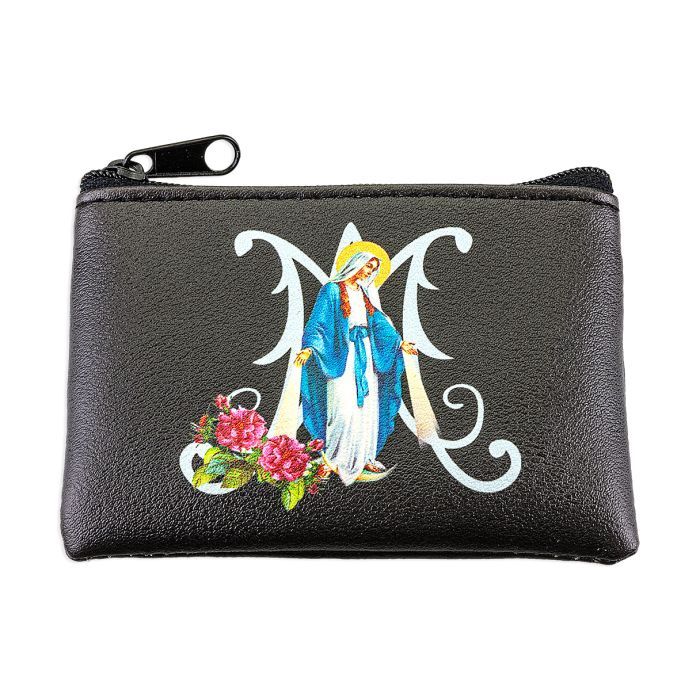3 1/4&quot; x 2 1/2&quot; Our Lady of Grace Black Leatherette Rosary Pouch