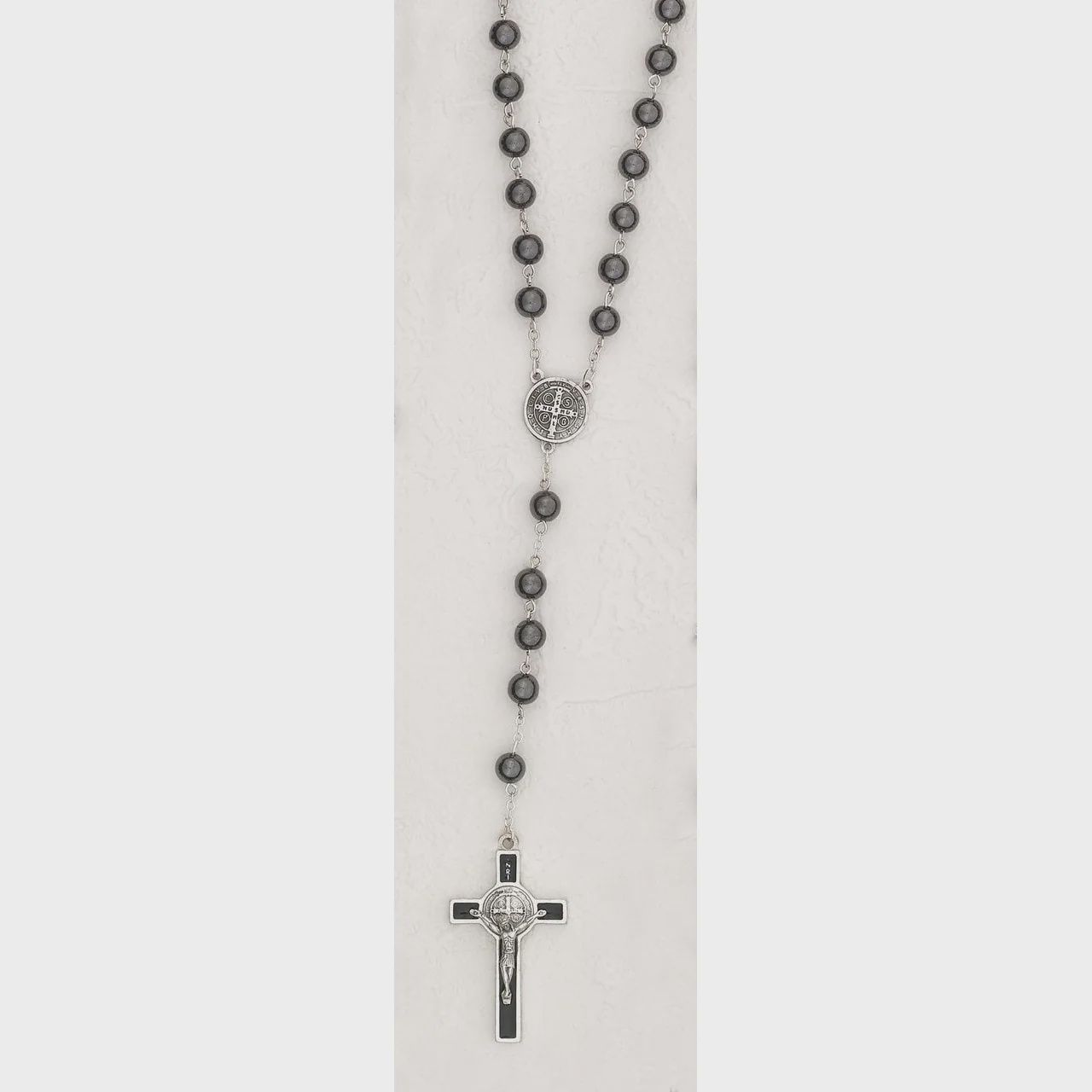 8mm Hematite Rosary with St Benedict Center