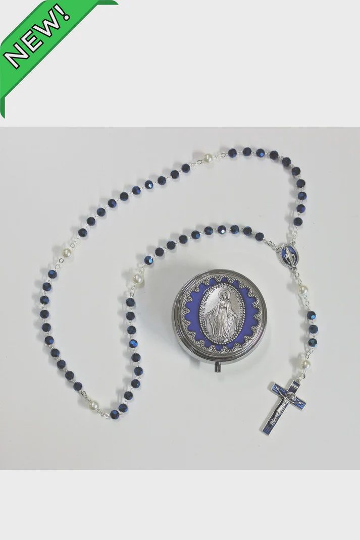 Miraculous Medal rosary with blue beads and a blue enamel and silver box