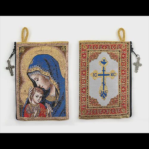 Woven Tapestry Rosary Pouch, Jewelry &amp; Coin Purse - Madonna and Child &amp; IC XC Cross - Red