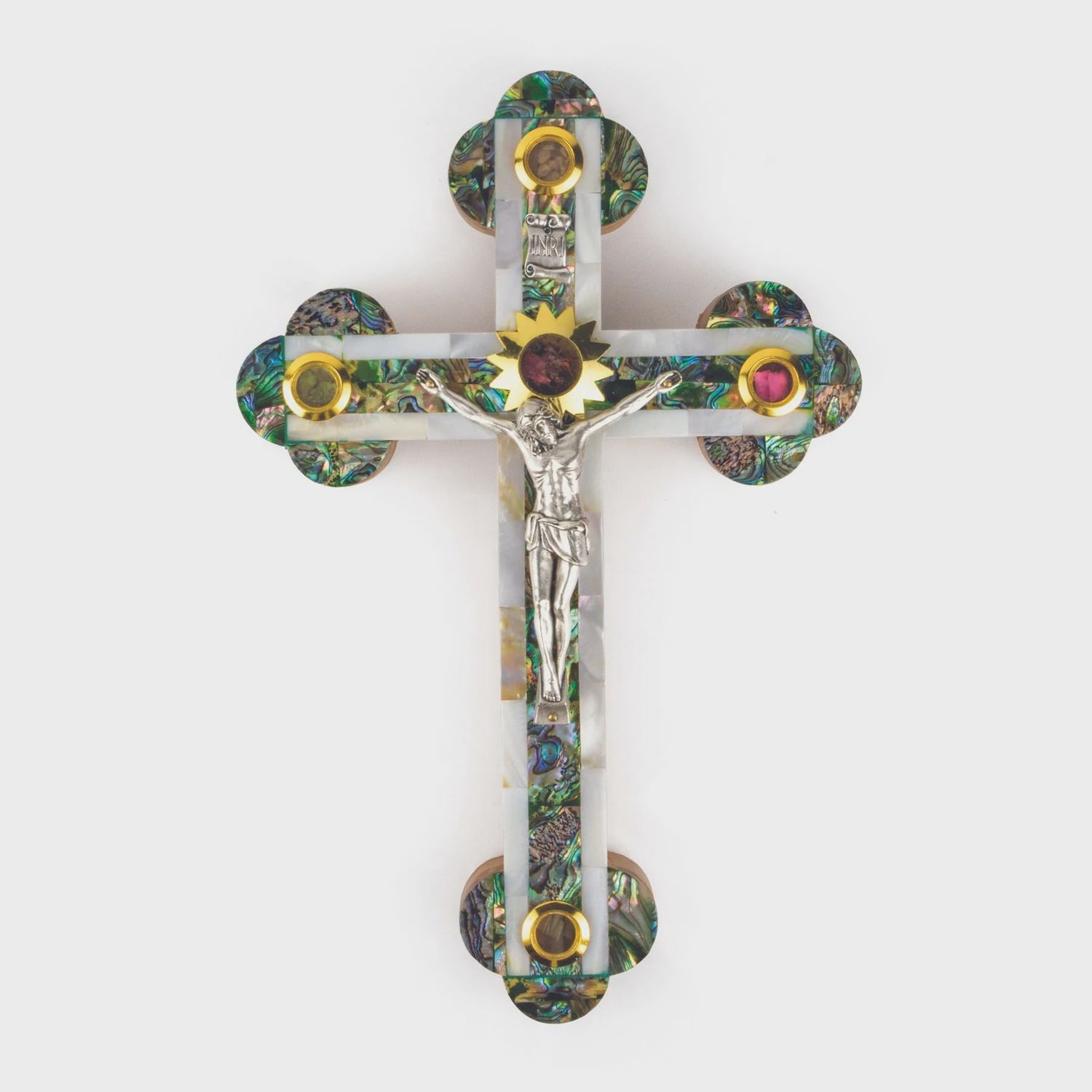11&quot; Mother of Pearl &amp; Olive Wood Crucifix Wall Cross with Holy Land Elements