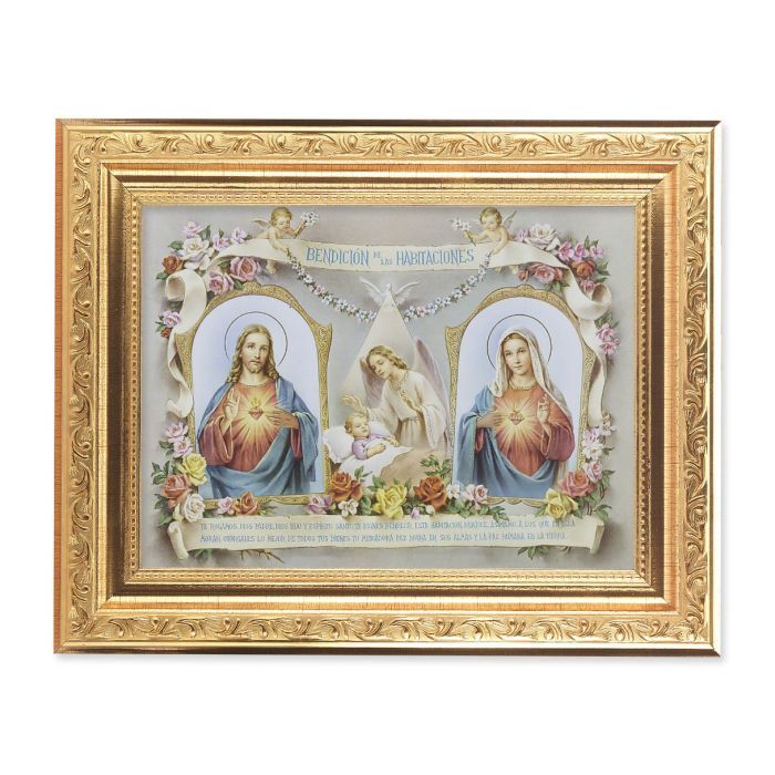 8 1/4&quot; x 10 1/4&quot; Gold Ornate Frame with a 6&quot; x 8&quot; Baby Room Blessing-Sacred Hearts in Spanish Print