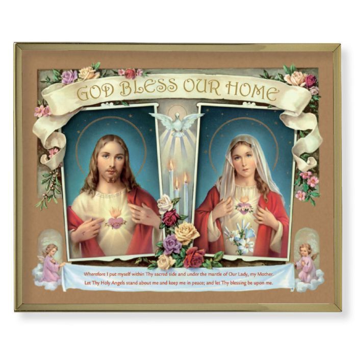 8&quot; x 10&quot; Gold Plaque Frame with a House Blessing- Sacred Heart of Jesus -Immaculate Heart of Mary Print