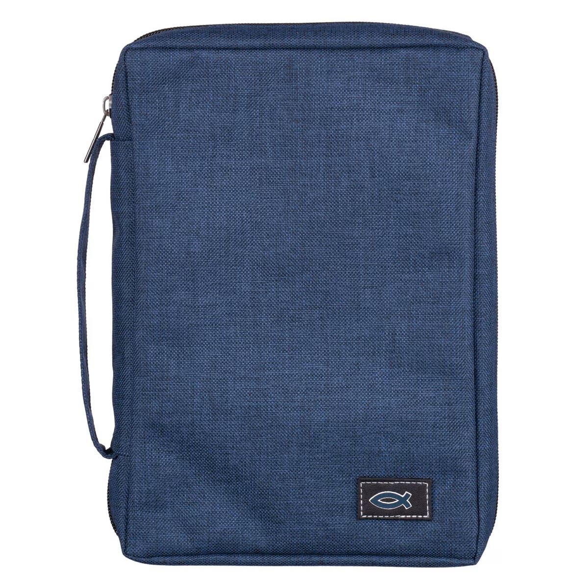 Blue Poly-Canvas Value Bible Cover with Ichthus Patch, Size: Large