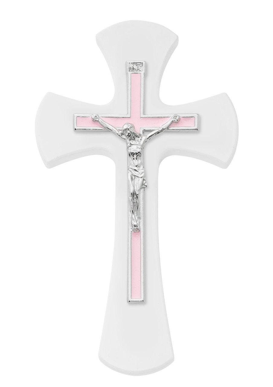 (73-81) 7&quot; WHITE CROSS WITH PINK CRUCIFIX