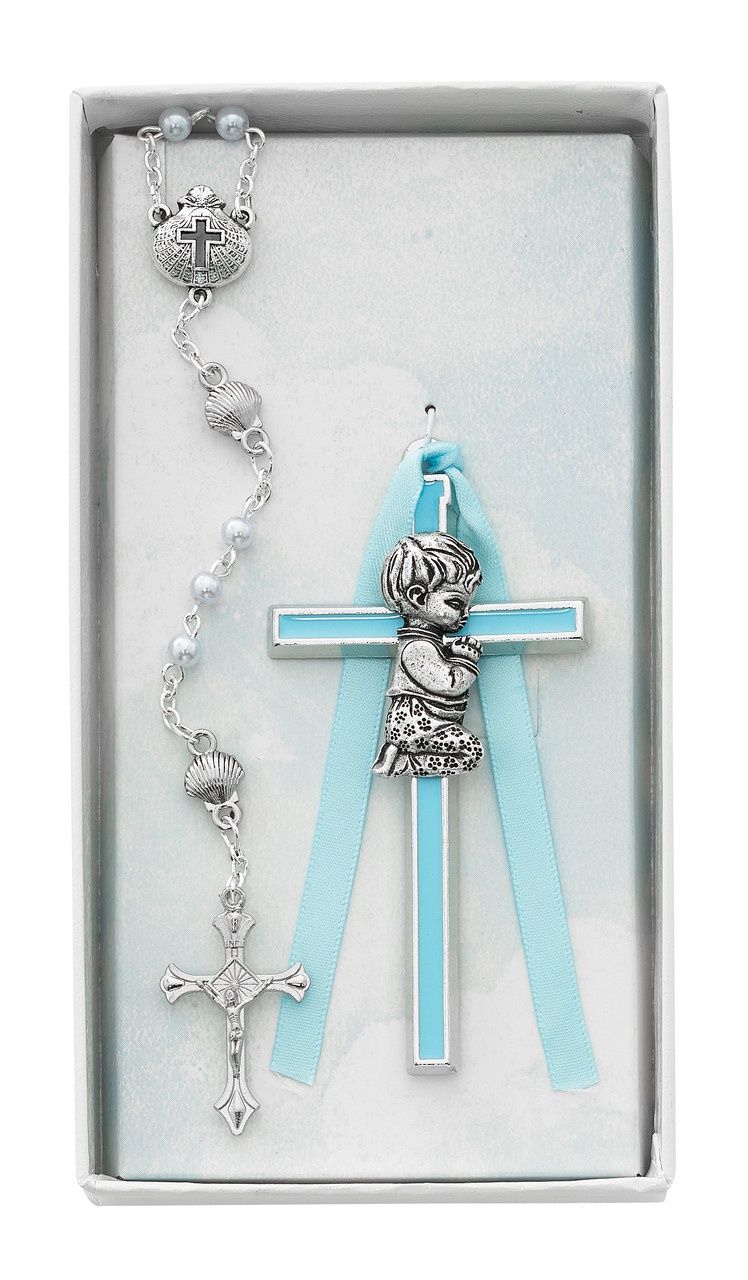 (BS52) BLUE BOY CROSS &amp; SHELL ROSARY