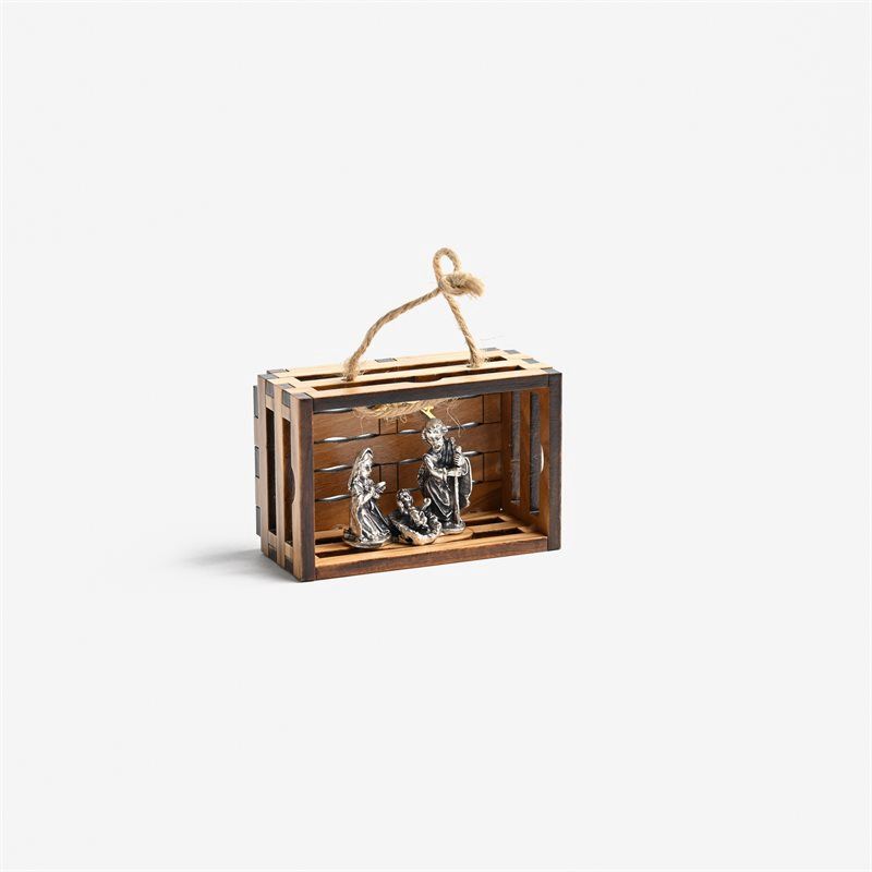 Olive Wood Crate style Ornament with silver Nativity 2.75&#39;&#39;