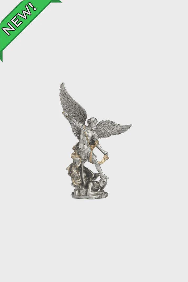 St. Michael in pewter style finish with gold trim
