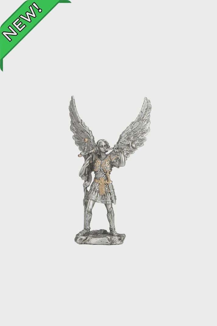 Archangel Gabriel in pewter style finish with gold trim