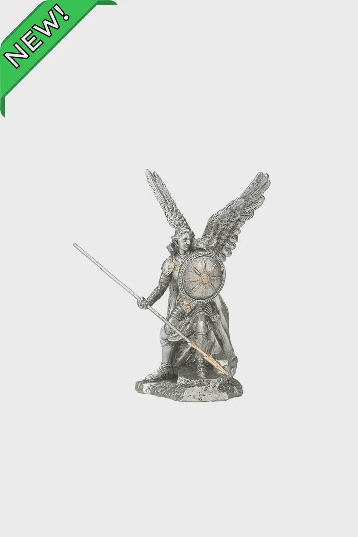 Archangel Raphael in pewter style finish with gold trim