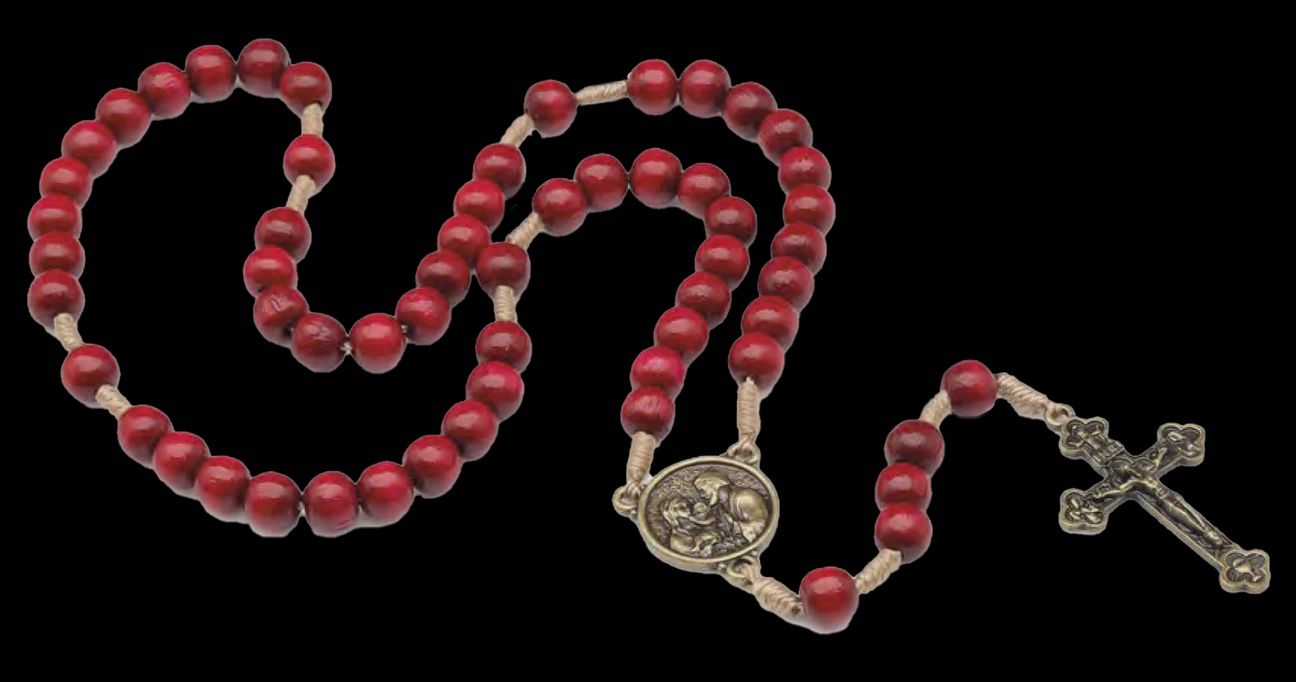 Red Wood Rosary with Holy Family Center