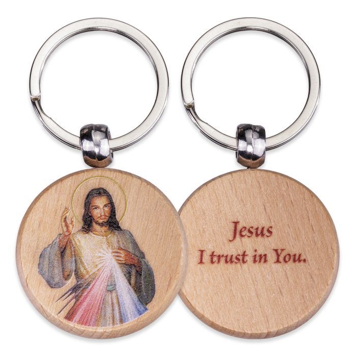 Divine Mercy Round Wooden Keychain