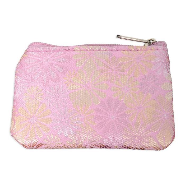 Pink Tapestry Fabric Rosary Pouch with Gold Flowers Zipper