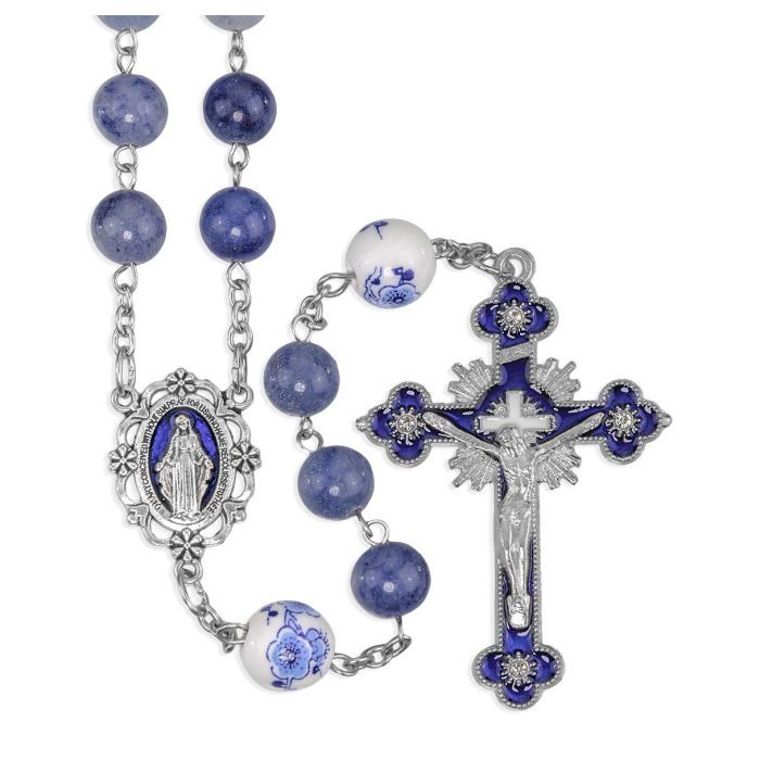 Blue Natural Stone Rosary with Blue Epoxied Pierced Miraculous Medal Centerpiece