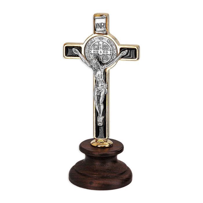 3.5 inch St. Benedict Gold and Nikel Standing Cross with Wood Base