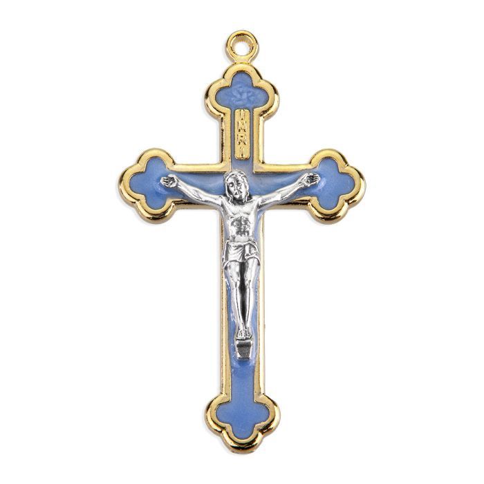 2 5/16&quot; Gold Finished Latin Style Crucifix with Pearl Blue Epoxied Inlay