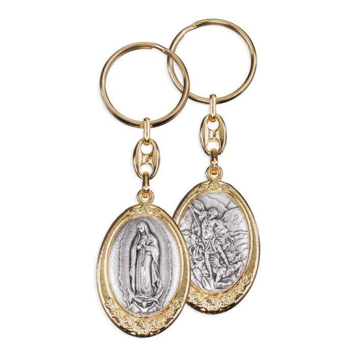 Silver Oxidized Keychain set in Gold Plated Flowered Frame with O.L. of Guadalupe and St. Michael