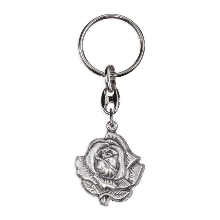 Silver Oxidized Double Rosebud Keychain with Divine Mercy and O.L. of Guadalupe