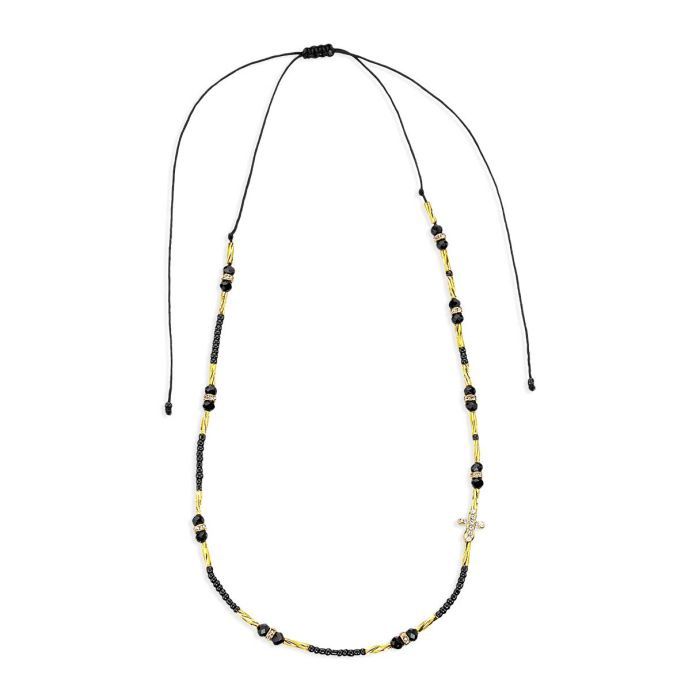 Black Glass Bead Adjustable Necklace with Gold Tube Ends